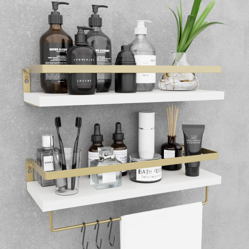 MZF Home Decor Floating Shelves, Wall Shelves with Towel Bar/Hooks, Bathroom Wall Decor, Floating Shelves Wood for Bathroom/Living Room/Kitchen/Bedroom,(Gold-White) Floating Bathroom Shelves