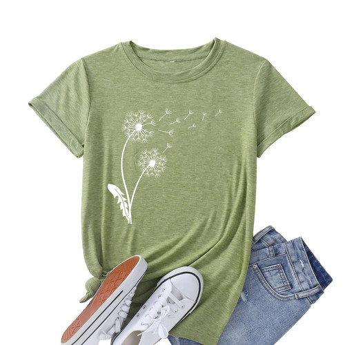 Dandelion Women's T-Shirts Casual Flower Graphic Tees Summer Short Sleeve Shirts (Pea Green,XL)