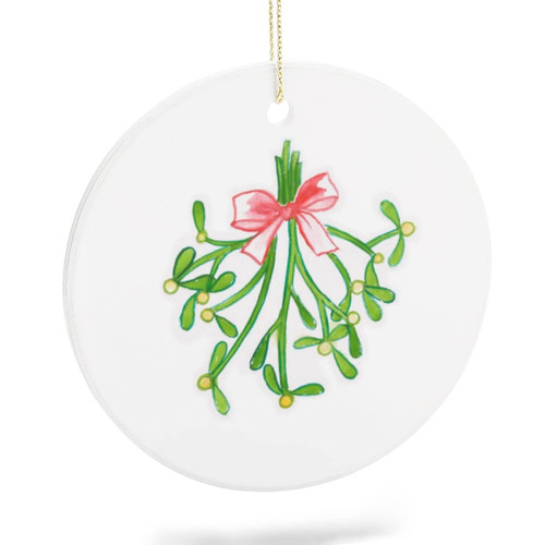 2021 Christmas Ornament Ceramic Two-Side Printed Round Ornaments for Christmas Mistletoe Sprig in Watercolor Funny Keepsake Ideas Gift Christmas Tree Hanging Decorations Pendant