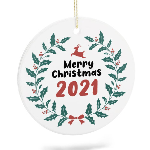 2021 Christmas Ornament Ceramic Two-Side Printed Round Ornaments for Christmas Merry Christmas 2021 Funny Keepsake Ideas Gift Christmas Tree Hanging Decorations Pendant
