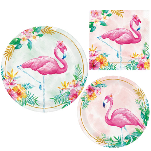 Flamingo Floral Party Supplies | Bundle Includes Paper Plates and Napkins for 8 People