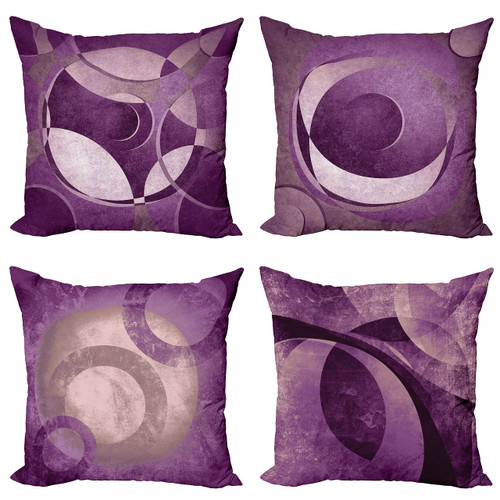Ambesonne Retro Throw Pillow Cushion Case Pack of 4, Groovy Effect Geometric Design Circles Rounds Grunge Style Weathered Ornament, Modern Accent Double-Sided Digital Printing, 16", Quartz Eggplant