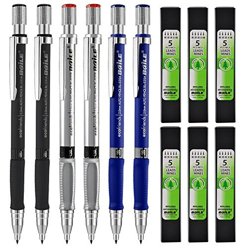 Coopay 6 Pieces Mechanical Pencils 2.0 mm 2B with 6 Case Lead Refills for Draft Drawing, Carpenter, Crafting, Art Sketching (Blue, Silver and Black)