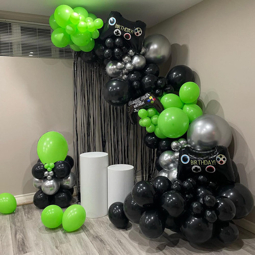 FLOHUAER Video Game Balloon Garland Arch Kit- 126pcs Green Black Silver Balloons with Game Controller Balloons for Boy's Baby Shower Birthday Party Decoration