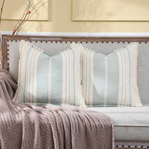 Tosleo Boho Throw Pillow Covers 18x18 Set of 2 Blue Striped Pillow Covers with Fringe Decorative Pillows Square Cushion Covers for Sofa Couch Bed Living Room Farmhouse Decor