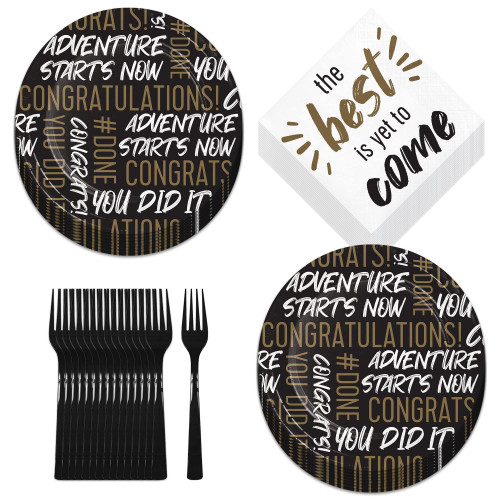 HOME & HOOPLA Graduation Party Golden Grad Black, White, & Gold Paper Dessert Plates, Beverage Napkins, and Forks (Serves 16) HOME & HOOPLA Graduation Party Golden Grad Black, White, & Gold Paper Dessert Plates, Beverage Napkins, and Forks (Serves 16)