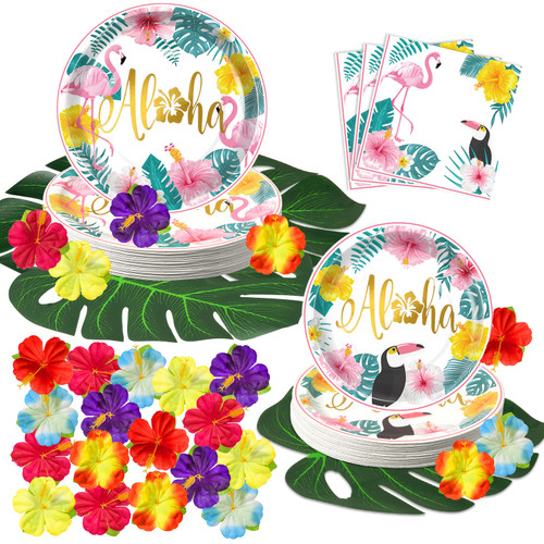 Hawaiian Luau Party Decorations Set - Hawaiian Disposable Plates and Napkins with Hibiscus Flowers and Monstera Leaves for Hawaiian Luau Aloha Tropical Party Decoration Supplies, Serves 24 Guests