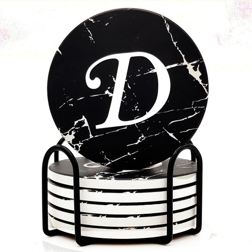 Monogram Coasters for Drinks, Absorbent Coaster Set of 6 with Holder, Black Marble Style Ceramic Drink Coaster Sets with Cork Base, Monogrammed Letter D