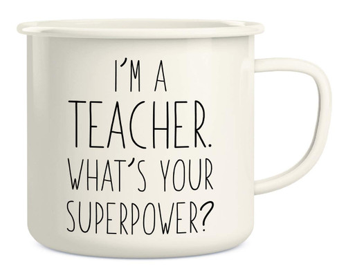 Retreez I'm a Teacher What's Your Superpower? 16 Oz Enamel Stainless Steel Metal Camping Campfire Coffee Mug Cup Funny Sarcastic Inspiring Motivational birthday gift for friend coworker father mother