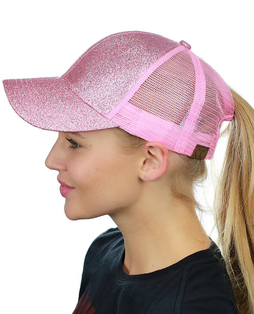 C.C Ponycap Messy High Bun Ponytail Adjustable Glitter Mesh Trucker Baseball Cap, Pink
