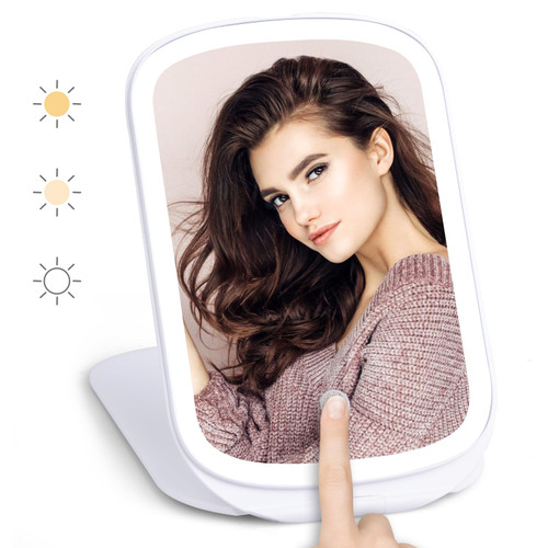 Dylviw Rechargeable Travel Makeup Vanity Mirror with LED Lights Portable Lighted Makeup Beauty Mirror, 3 Color Lighting, Dimmable Touch Screen, Tabletop LED Folding Cosmetic Mirror Dylviw Rechargeable Travel Makeup Vanity Mirror with LED Lights Portable Lighted Makeup Beauty Mirror, 3 Color Lighting, Dimmable Touch Screen, Tabletop LED Folding Cosmetic Mirror