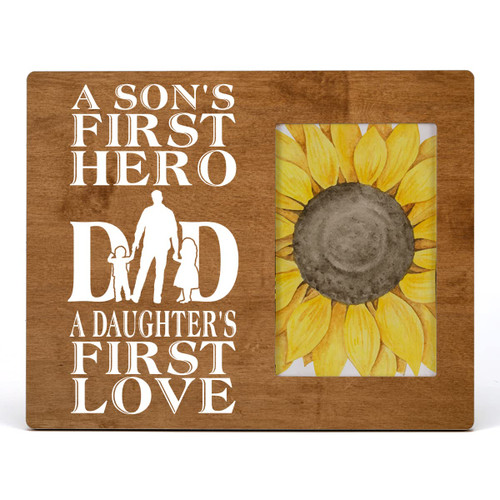 HOIJAUMAI Father Wood Picture Frame Gift, a Son's First Hero a Daughter's First Love Dad Wooden Photo Frame Father's Day Birthday Gift, Tabletop and Wall Mounting, Display Photo 4x6 Inch