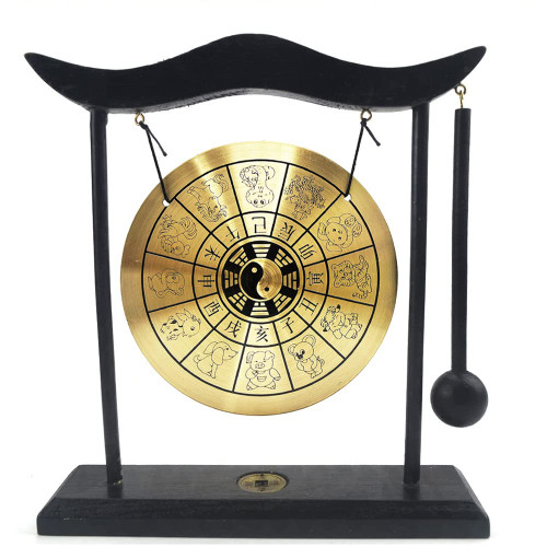 Hooshing Zen Art Brass Feng Shui Desktop Gong with Stand Asian Gong Bell for Home Decoration Chinese Zodiac Signs