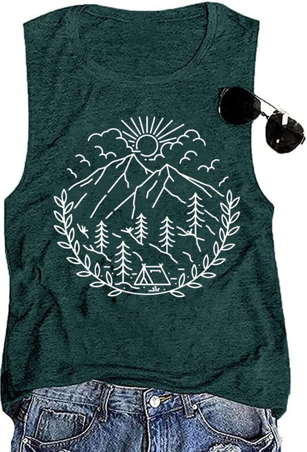 Graphic Tank Tops for Women Camping Outdoor Hiking Mountain Tank Causal Summer Travel Athletic Workout Sleeveless Shirts Top-S (Green)