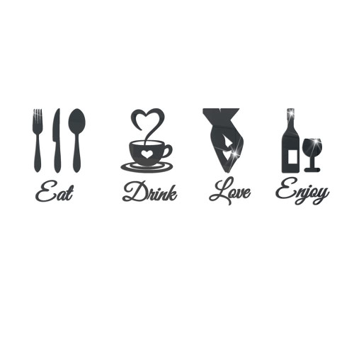 Kitchen Logo Mirror Wall Stickers Acrylic Mirror Wall Sticker Art Decor Eat Drink Love Enjoy Self-Adhesive Stickers Kitchen Logo Removable Mural Stickers for Restaurant Living Room Cafe Bar Black