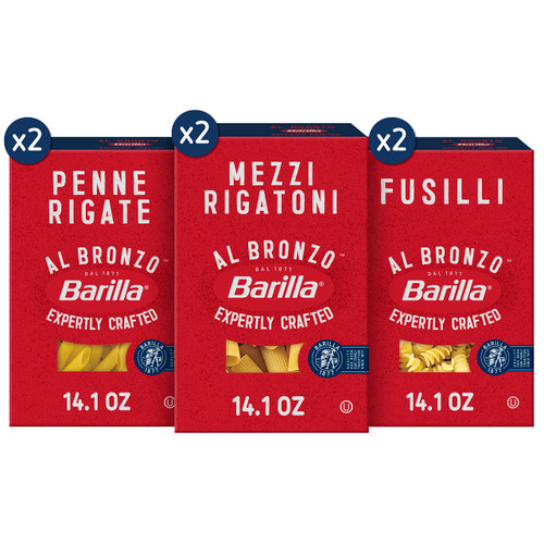 Barilla Al Bronzo Pasta Variety Pack with Penne Rigate, Mezzi Rigatoni & Fusilli (Pack of 6)