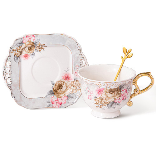 fanquare 7oz Grey Tea Cup and Saucer Set, Floral Porcelain Coffee Cup with Gold Handle, Square Saucer, Spoon, Large Gift Tea Cup
