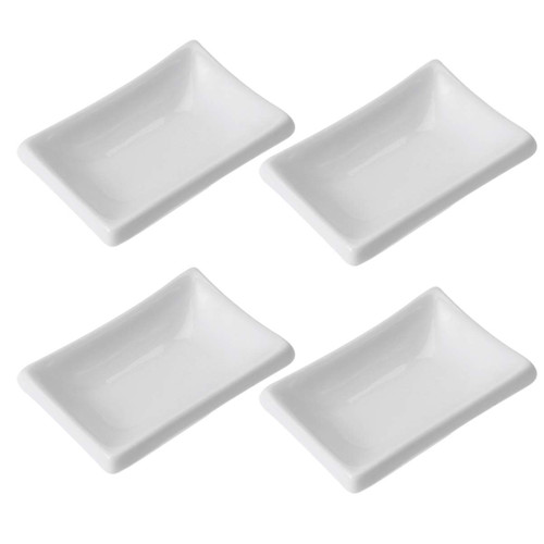 Hemoton Square Serving Tray 4pcs White Ceramic Sauce Dishes Dip Bowls Seasoning Dishes Serving Dishes Seasoning Bowl Sushi Soy Dishes for Snack Sushi Fruit Appetizer Dessert Rectangular Tray