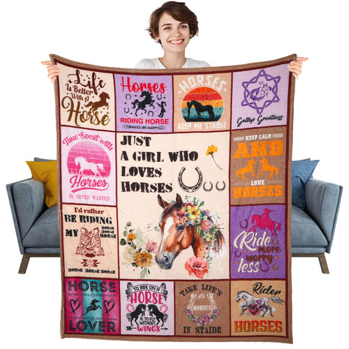 Fuzzieworld Just A Girl Who Loves Horses Throw Blanket Flannel Horse Blanket for Girls Women Teen Kids Soft Warm Cozy Flannel Blanket for All Season in Home Bed Sofa Chairs Dorm 60" x 50"