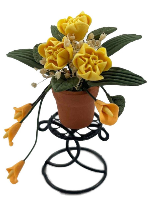 Melody Jane Dollhouse Yellow Flowers in Terracotta Pot on Plant Stand Garden Accessory