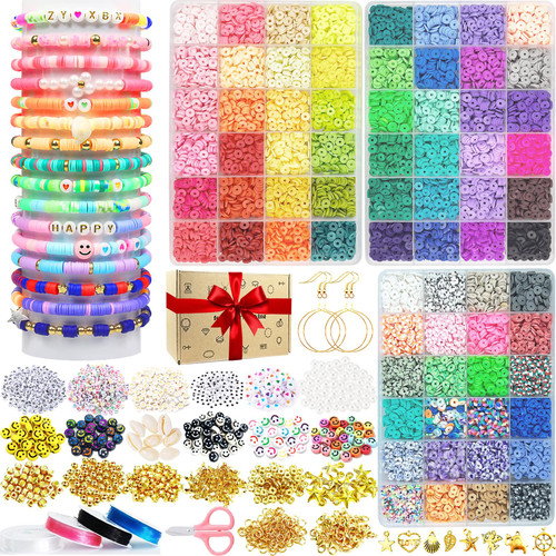 72+ Colors Clay Beads for Bracelets Making, 12460pcs Clay Bead Kit, Polymer Clay Beads Heishi Beads Flat Beads for DIY Bracelets Necklace Jewelry Making with Letter Beads Charms Elastic Strings