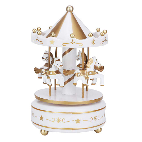 Jiawu Merry-Go-Round Music Box, Small Carousel Musical Box with 4 Horses, Classic Carousel Horse Music Box Decor for Christmas Valentine Wedding Birthday Gift, Shop Display Home Decor (White)