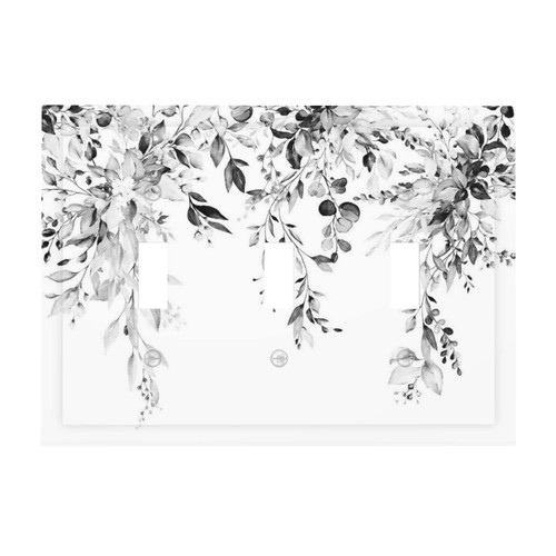 Grey Leaves 3 Gang Triple Toggle Light Switch Wall Plate Cover Decirative Electrical Faceplate Switchplate for Bathroom Home Decorate 6.7" x 4.8 Large Jumbo Size