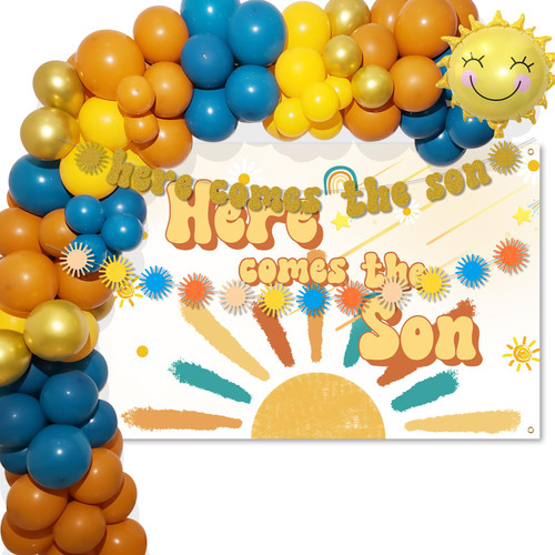 Here Comes The Son Baby Shower Decorations, Here Comes The Son Backdrop, Balloon Garland Arch Kit, Here Comes The Son Banner, Retro Boho Sunshine Boy Baby Shower Decorations
