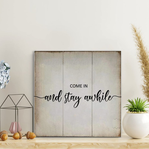 LITTLEGROVE SEEDS Vintage Wooden Pallet Sign Come in And Stay Awhile Motivational Saying Wood Plaque 10x10in Farmhouse Wooden Signs Family Wall Art Decor Wall Hanger for Home Bedroom Living Room