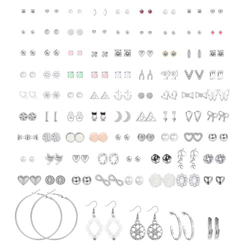 SAILIMUE 84 Pairs Assorted Multiple Stud Earrings Hoop Set Dangle Cute Hypoallergenic Earrings CZ Bow Butterfly Flower Leaf Ball Simple Drop Earrings Stud for Women Pack silver