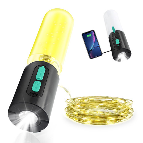 Fistone 4 in 1 Camping String Lights, Camping Lantern with String Light(33Ft), Camping Lights with 4000mAh Charger, IP44 Waterproof, Rechargeable and Portable for Outdoor, Hiking