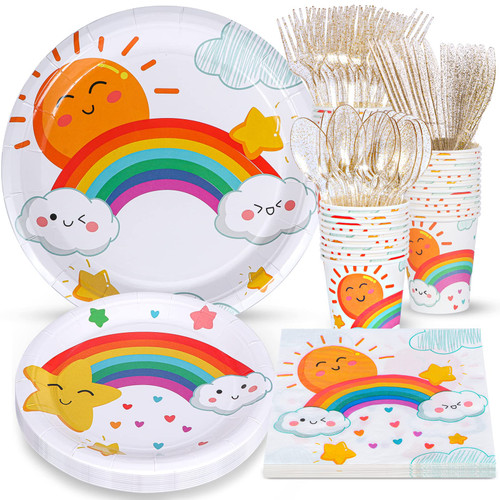 Atonofun Rainbow Party Supplies, Rainbow Plates and Napkins Sets, Rainbow Paper Plates, Cups, Napkins and Cutlery for Girl's Birthday, Baby Shower, Rainbow Birthday Decorations Serves 24