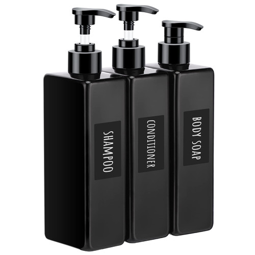 Segbeauty Shower Refillable Dispenser, 3pcs 16.9oz 500ml Pump Press Bottles with Labels, Empty Reusable Plastic Soap Dispenser Bathroom Shower Containers for Body Wash Shampoo Conditioner Lotion Black