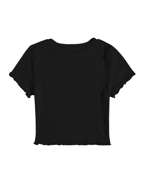Floerns Women's Solid Lettuce Trim Rib Knit Short Sleeve Crop Tops Tee Shirts Black M