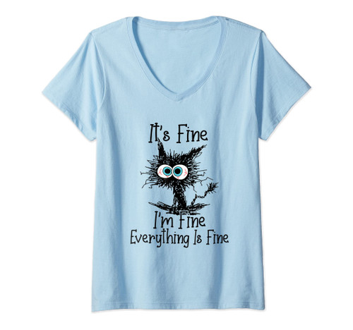 Womens Funny Black Cat It's Fine I'm Fine Everything Is Fine V-Neck T-Shirt