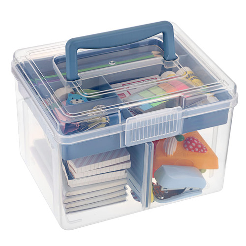 BTSKY 2 Layer Clear Plastic Dividing Storage Box with Removable Tray Multipurpose Stationery Storage Box with Handle Portable Sewing Box Art Craft Supply Organizer Home Utility Box (Small Blue)