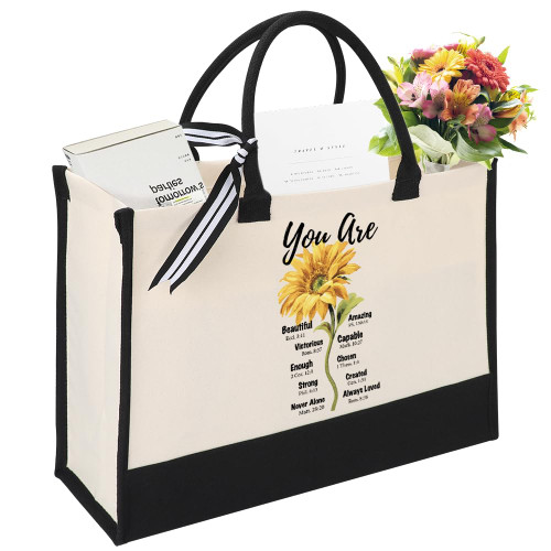 PRSTENLY Christian Gifts for Women, Sunflower Birthday Gifts for Women Mom Friend Sister, Encouragement Inspirational Religious Retirement Christmas Gifts for Women, 13 Oz Engraved Canvas Tote Bag
