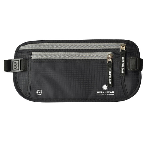 HERCULEAN Travel Money Belt - Slim Passport Holder RFID Blocking Travel Pouch to Protect Cash, Credit Cards and Travel Documents. Perfect Travel Wallet Gift for Avid Traveller. (Midnight Black)