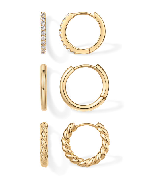 PAVOI 18K Yellow Gold Plated 925 Sterling Silver Posts 3 Pairs Small Hoop Earrings Set | Cubic Zirconia Plain Rope Huggie Hoops for Women | Lightweight Earrings Pack PAVOI 18K Yellow Gold Plated 925 Sterling Silver Posts 3 Pairs Small Hoop Earrings Set | Cubic Zirconia Plain Rope Huggie Hoops for Women | Lightweight Earrings Pack