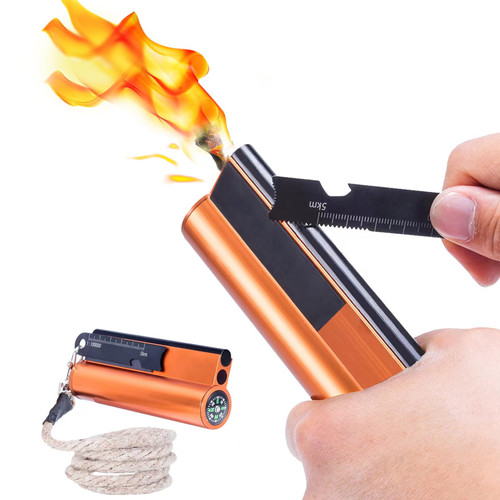 Fire Starter with Compass, Survival Tool Fire Starter Kit, Waterproof Tinder Wick Rope Fire Starter, All-Weather Magnesium Ferro Rod Fire Starter (Small)