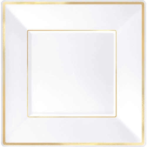 Elegant Square White Plastic Plates with Gold Trim - 10'', 8 Count - Perfect Dinnerware for Parties & Events