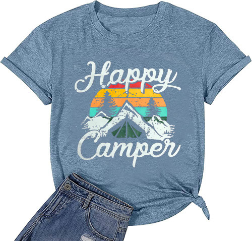 Camper T-Shirt for Women Hiking Mountain Adventure Workout Camping Summer Athletic Shirts Women Loose Fit Short Sleeve Funny Sayings Cute Graphic Tee Tops-M (Light Blue)