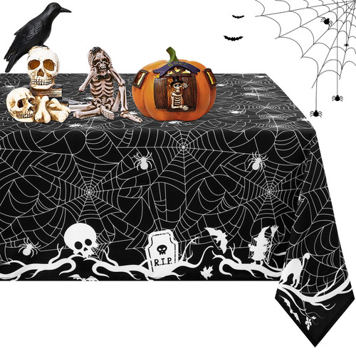 Halloween Tablecloth, White Spider Web Table Cloth, Witches Ghost Bat Pumpkin Cat Waterproof Tablecloths, Spillproof Scary Themed Tablecover for Dinner Party Decoration, Black, Rectangle 60x120 Inch
