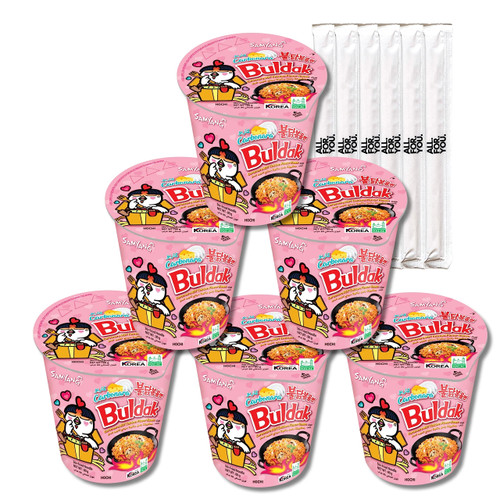 Buldak Ramen Noodles - Carbonara Flavor - Cup 6 Pack - Spicy Ramen Noodles Samyang Buldak Ramen Korean Spicy Hot Chicken Stir-Fried Cup Noodles Bundle with 6 ALL.FOR.YOU. Branded Chopsticks