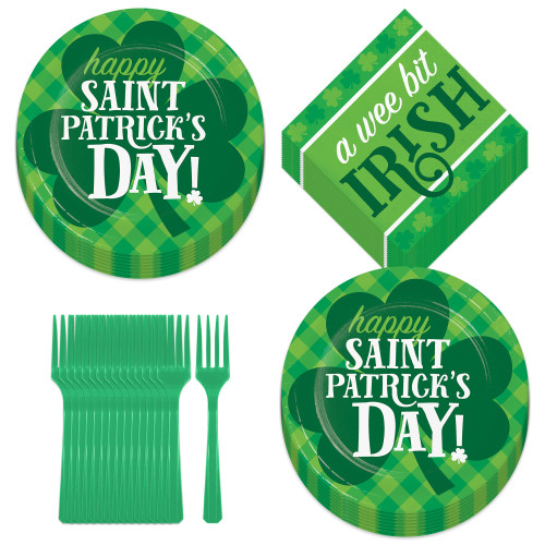 HOME & HOOPLA Happy St. Patrick's Day Party Round Paper Dessert Plates, A Wee Bit Irish Beverage Napkins, and Forks (Serves 16) HOME & HOOPLA Happy St. Patrick's Day Party Round Paper Dessert Plates, A Wee Bit Irish Beverage Napkins, and Forks (Serves 16)