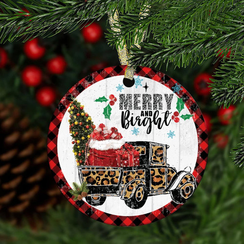 Truck Leopard Merry Bright Cement Ornament Merry Christmas Christmas Round Ceramic Ornament Buffalo Plaid Two Sided Pattern Keepsake Ornament Christmas Home Deocr Circle Onament