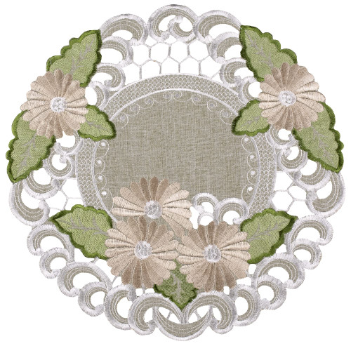 Embroidered Gold Daisy Fleur Latte on Green Round Doily, Placemat (15 Inch Round)