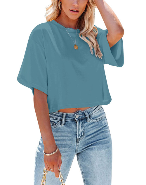 Yuccalley Women's Summer Crop Tops Short Sleeve Round Neck T-Shirt Basic Tees (Cyan Blue, Small)