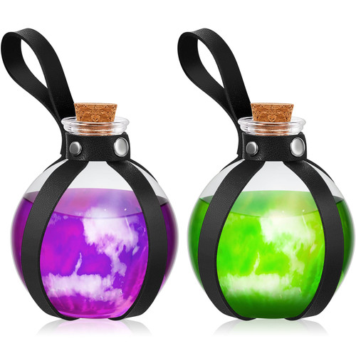 2 Pcs Cork Potion Bottle Cosplay Accessories With Faux Leather Belt Decorative Potion Bottles Witch Props Witch Costume for Adult Man Round Spherical Potion Bottle for Party DIY Crafts(Black?