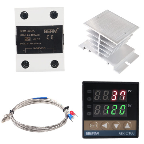 Digital PID Temperature Controller REX-C100 PID Thermostat Temperature Controller Digital REX C100 with 40DA SSR Relay K Thermocouple Probe RKC and Silver Heat Sink